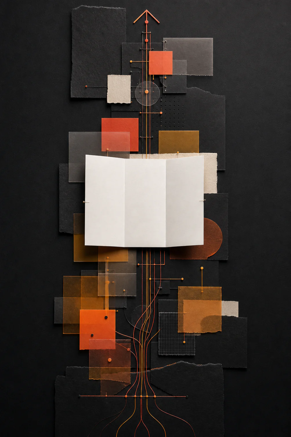 Composición abstracta de señales coral y ámbar que convergen en un brief de papel