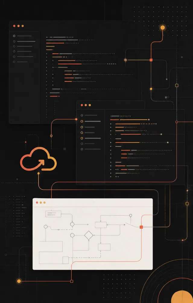Capas de interfaces y rutas conectadas que representan un sistema de software